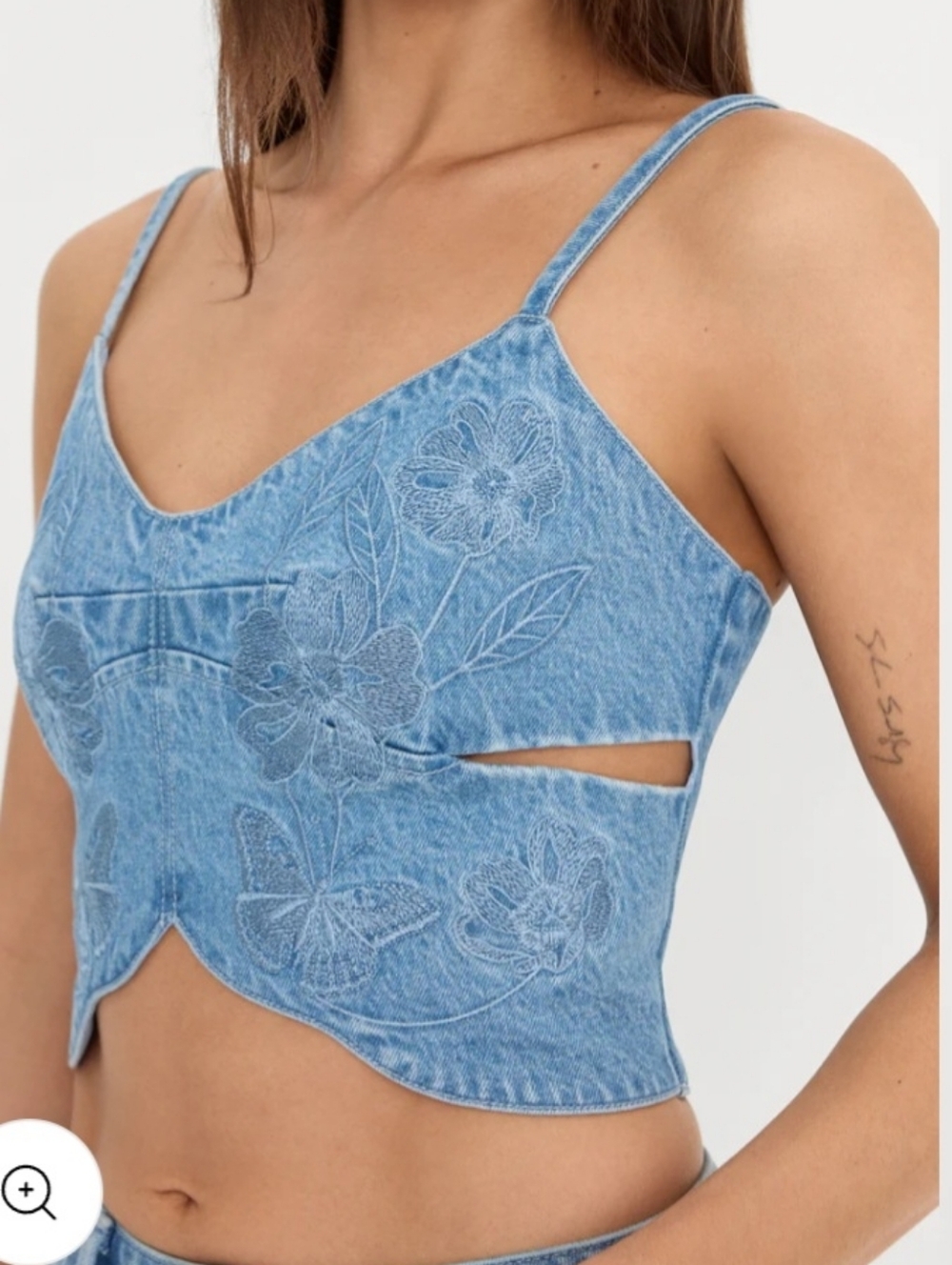 Good American Light Blue Embroidered Denim Crop Cami